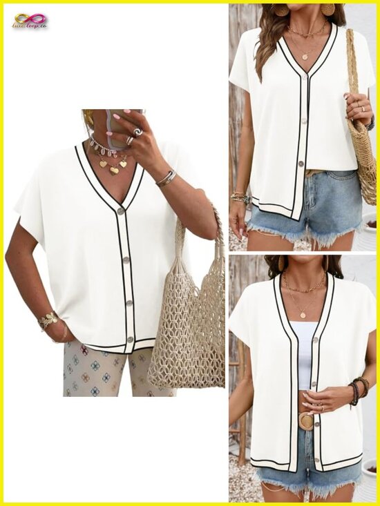Sweaters - Oversized Short Sleeve V-Neck Button Cardigan Lightweight Knitted Trendy Sweater